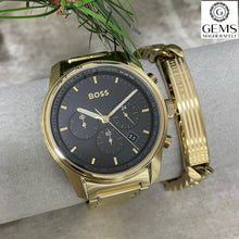 Load image into Gallery viewer, Gents Hugo Boss Watch Stainless Steel Gold Tone Strap, Black Dial, Gold Tone Accents SKU 4012145