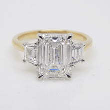 Load image into Gallery viewer, 18CT "The Trinity - Tara" YG and Platinum Head 3 Lab Grown Diamonds, Centre Emerald Cut and side Step Cut Trapezoids 3.65ct Engagement Ring SKU 7707115