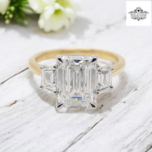 Load image into Gallery viewer, 18CT "The Trinity - Tara" YG and Platinum Head 3 Lab Grown Diamonds, Centre Emerald Cut and side Step Cut Trapezoids 3.65ct Engagement Ring SKU 7707115