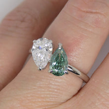 Load image into Gallery viewer, Platinum "Toi et Moi" Lab Grown 1.00ct Pear Fancy Vivid Green Diamond with Lab Grown 1.05ct Pear Diamond Ring SKU 7708004