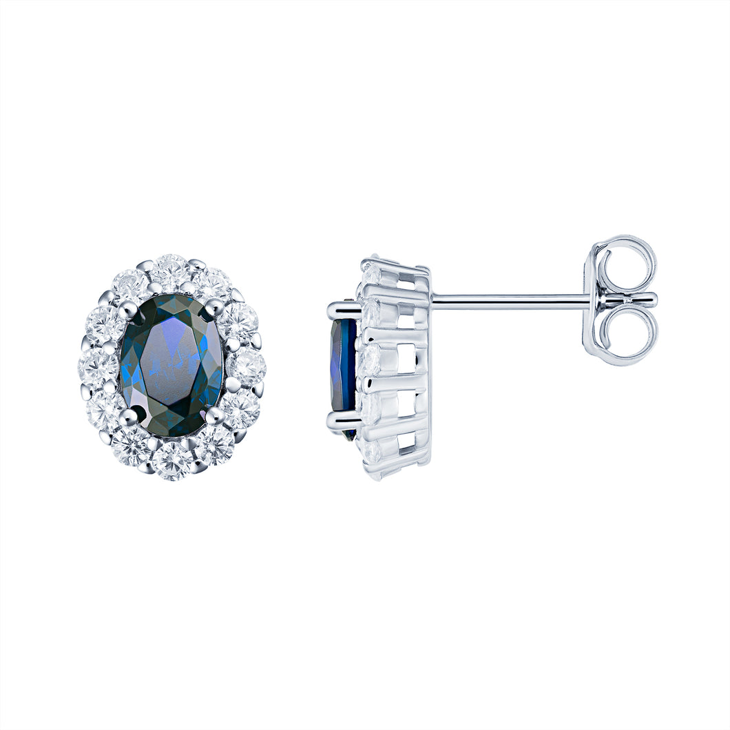 Sterling Silver Oval Blue CZ Halo CZ Earrings SKU 0107664