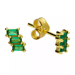 Sterling Silver Gold Finish Triple Rectangle Green CZ Stud Earrings SKU 0107681