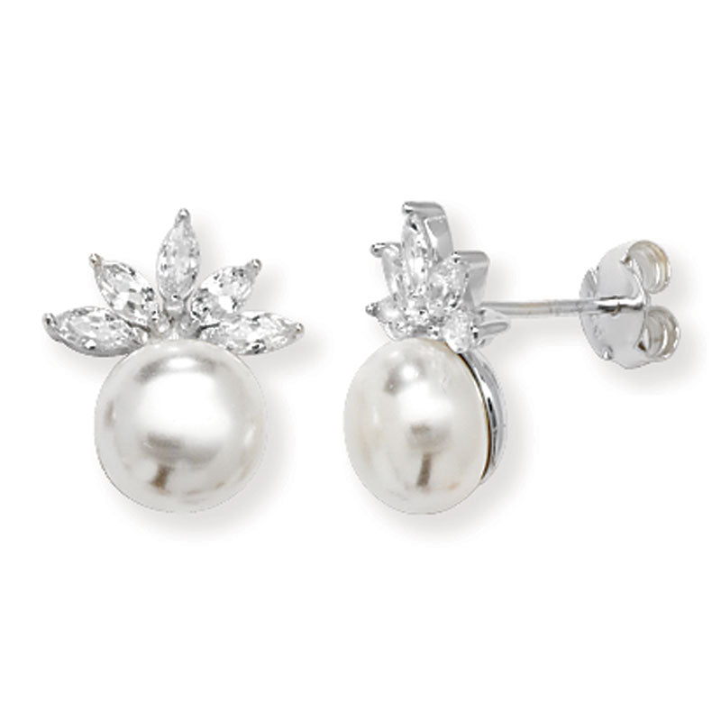 Sterling Silver Synthetic Pearl and Marquise CZ Stud Earrings SKU 0107692