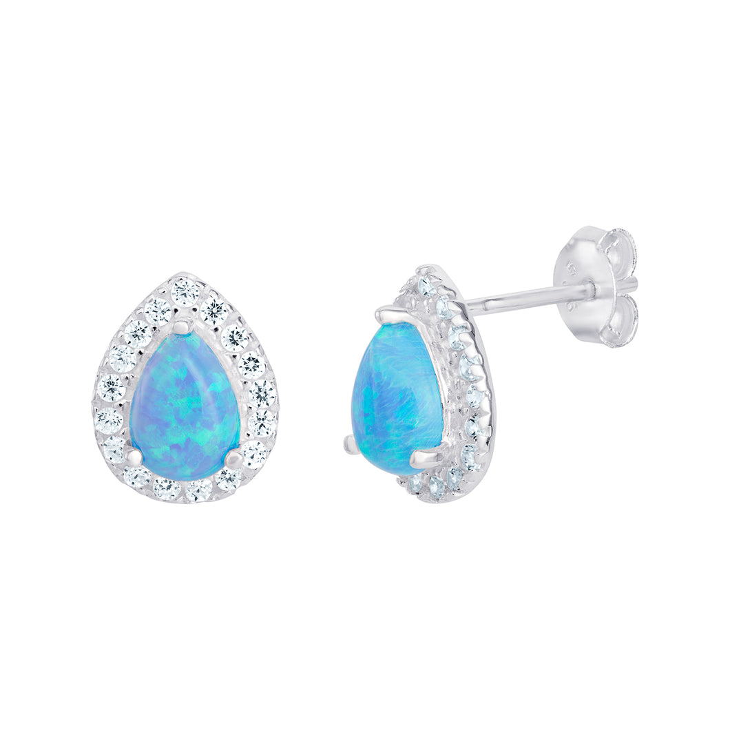 Sterling Silver Synthetic Opal Pear Shape CZ Halo Stud Earrings SKU 0107703