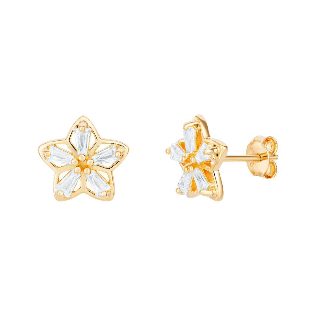 Sterling Silver Gold Finish Baguette CZ Flower Stud Earrings SKU 0107709