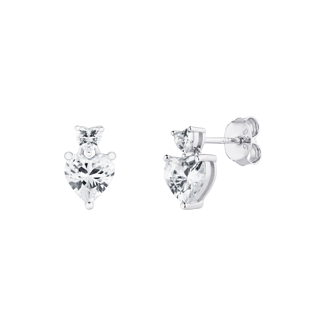 Sterling Silver Double CZ Heart Stud Earrings SKU 0107803
