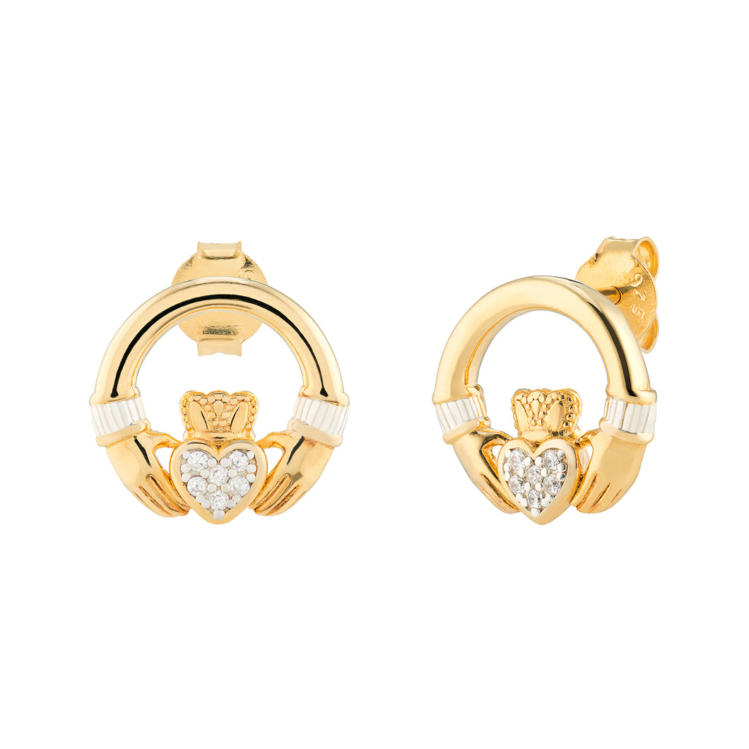 Sterling Silver Gold Finish CZ Claddagh Stud Earrings SKU 0107807