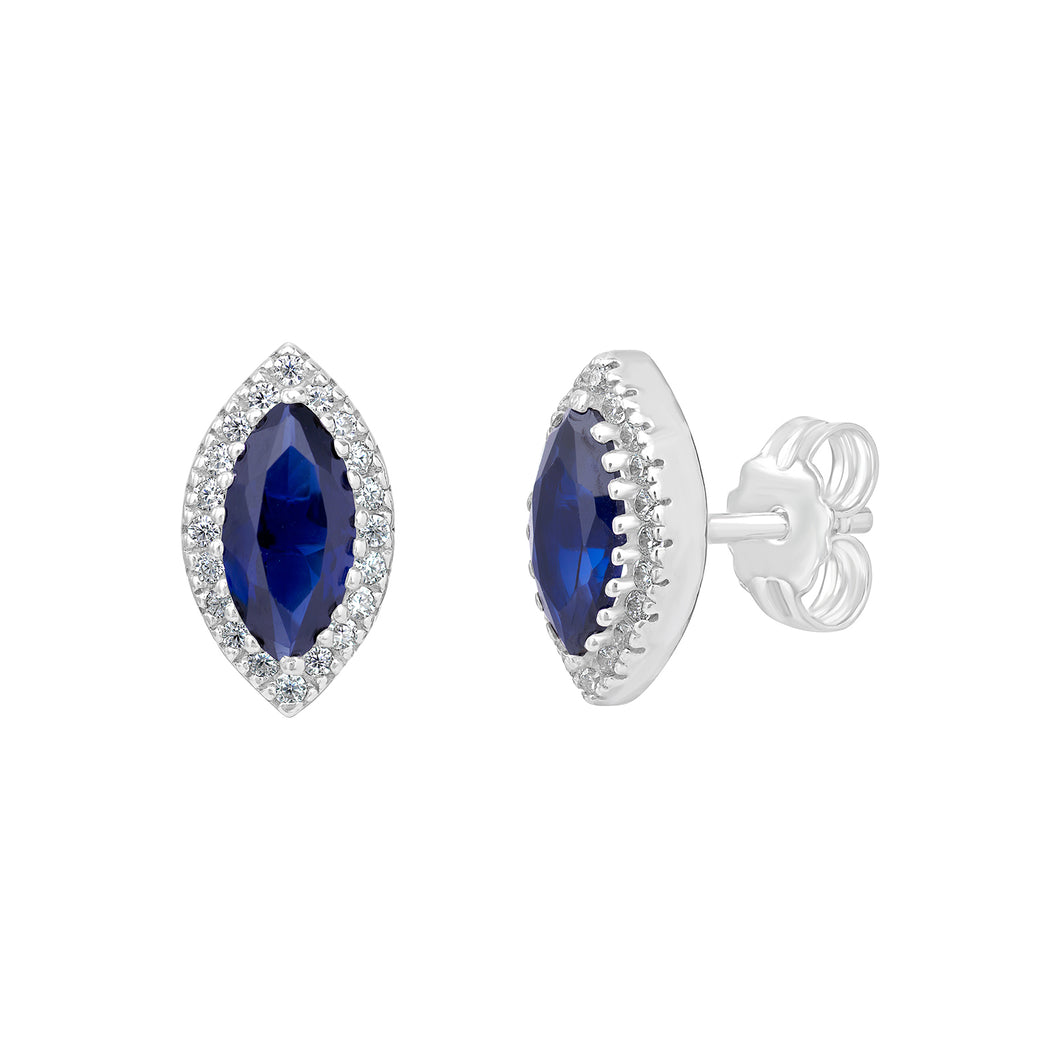 Sterling Silver Marquise Shape Blue CZ and CZ Halo Stud Earrings SKU 0107812