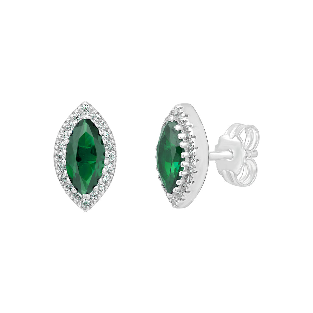 Sterling Silver Marquise Shape Green CZ and CZ Halo Stud Earrings SKU 0107814