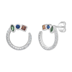 Sterling Silver C Shape Multi Colour CZ and Clear CZ Stud Earrings SKU 0107815