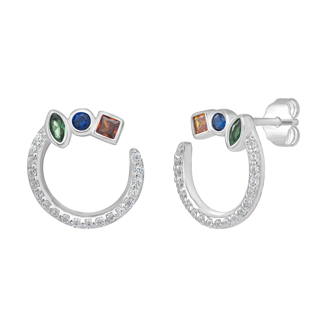 Sterling Silver C Shape Multi Colour CZ and Clear CZ Stud Earrings SKU 0107815
