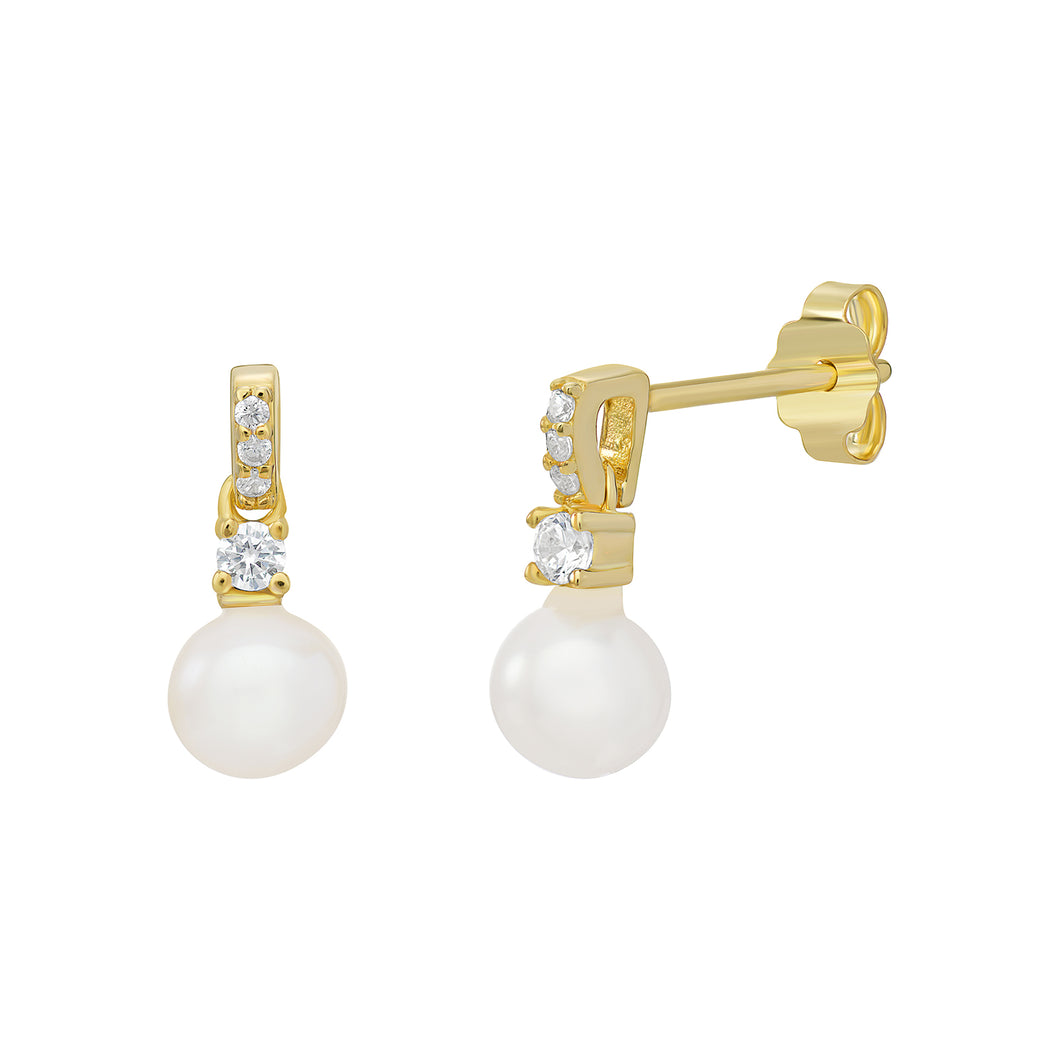 Sterling Silver Gold Finish Synthetic Pearl and CZ Mini Drop Earrings SKU 0107816