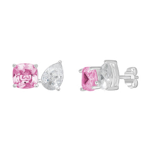 Sterling Silver Square and Pear Pink and Clear CZ Stud Earrings SKU 0107819
