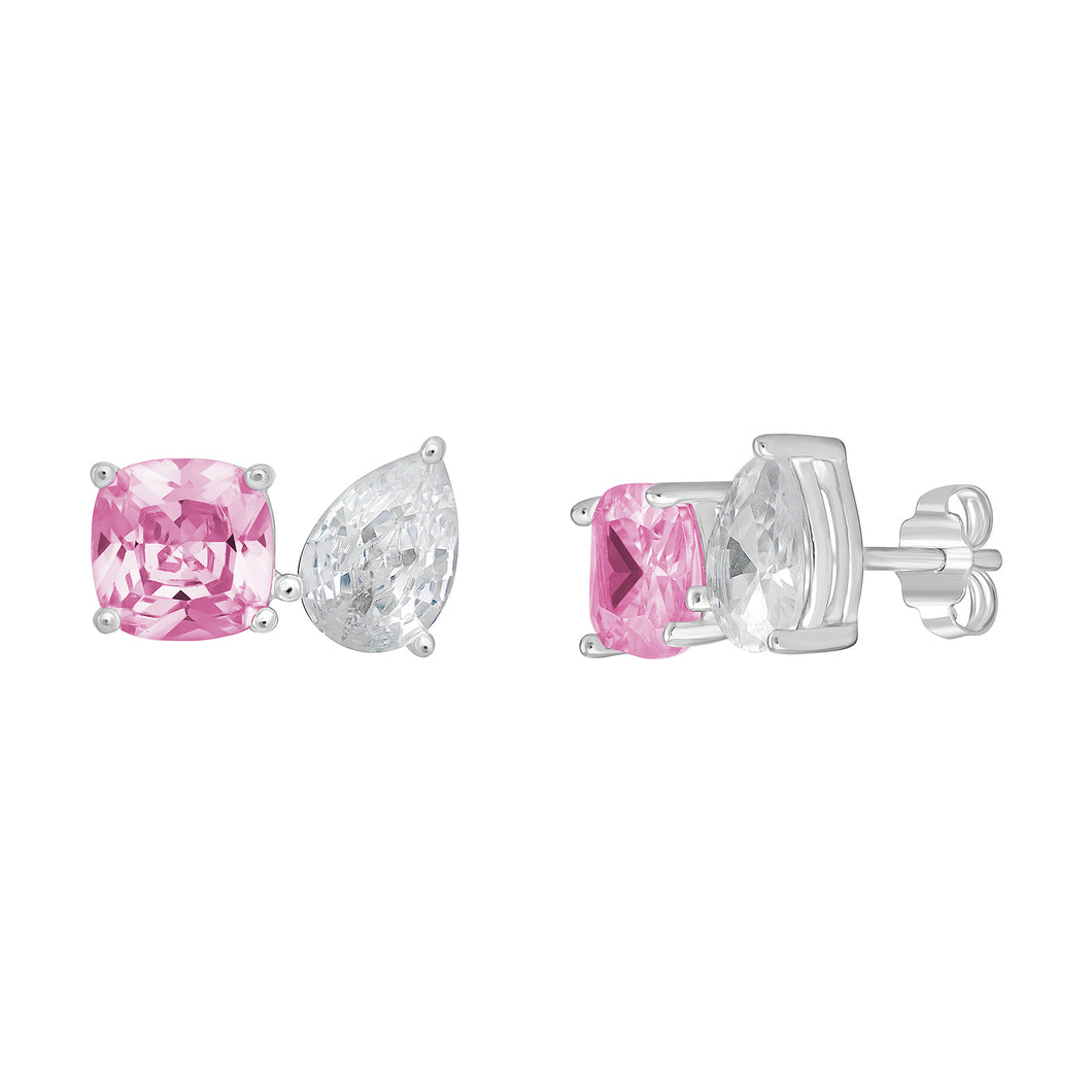 Sterling Silver Square and Pear Pink and Clear CZ Stud Earrings SKU 0107819
