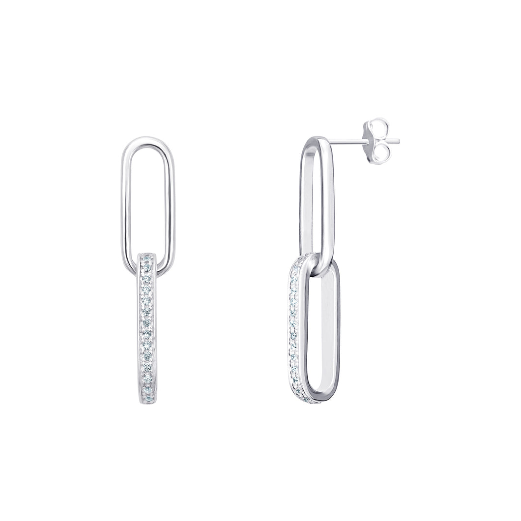 Sterling Silver Rectangle Double Link CZ Drop Earrings SKU 0109123