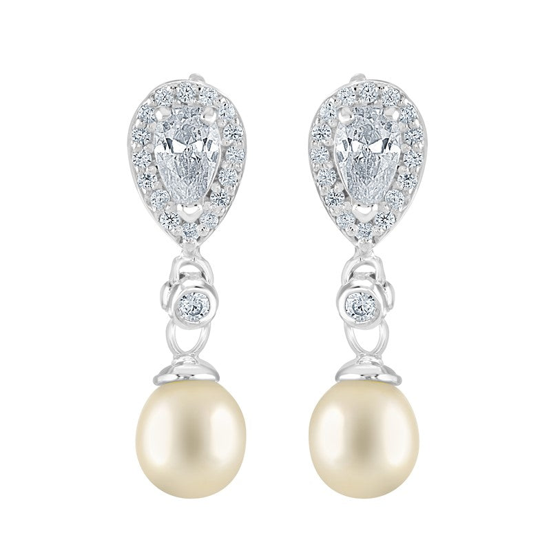 Sterling Silver Synthetic Pearl & CZ Drop Earrings SKU 0109202