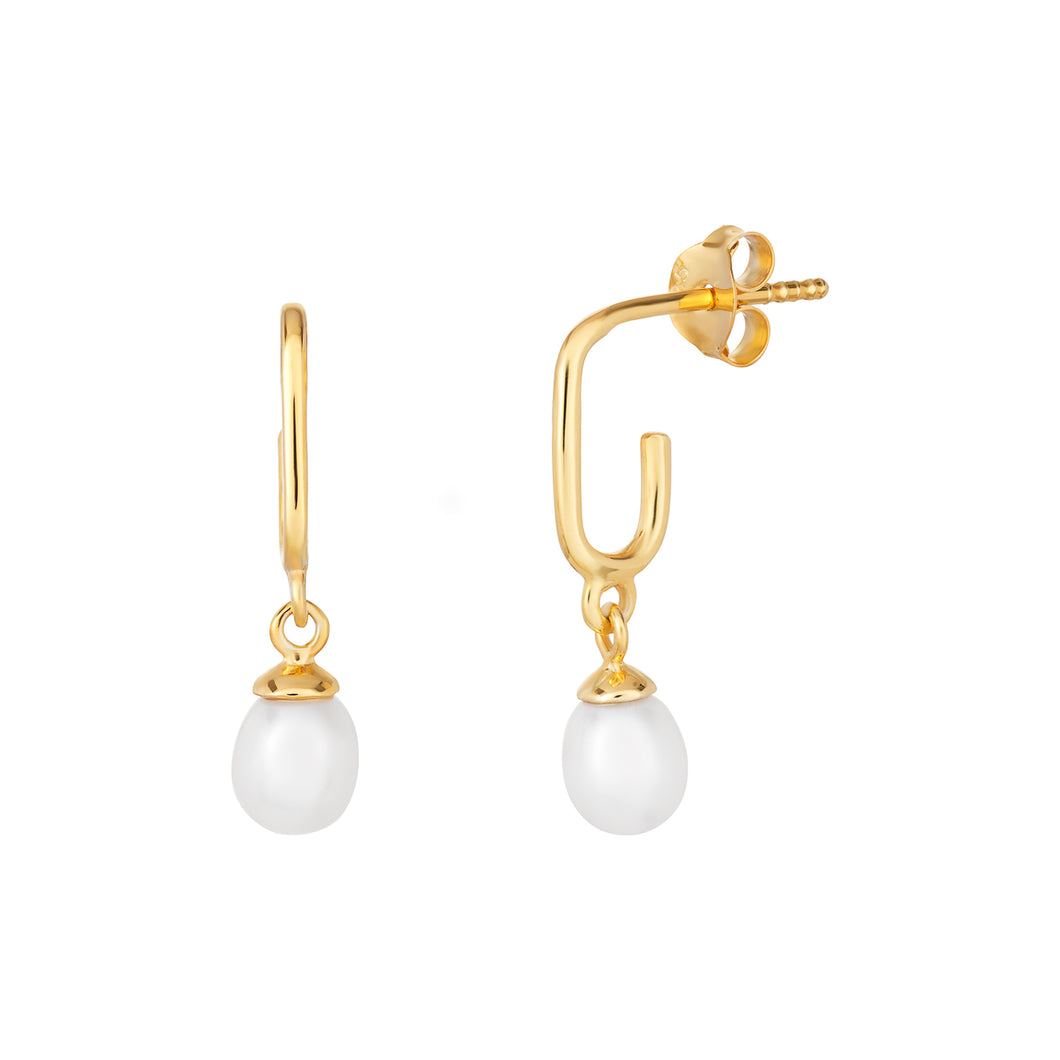 Sterling Silver Gold Finish Synthetic Pearl Drop Hoop Earrings SKU 0109214