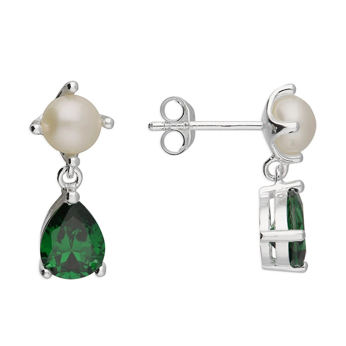 Sterling Silver Green CZ and Synthetic Pearl Drop Earrings SKU 0109601