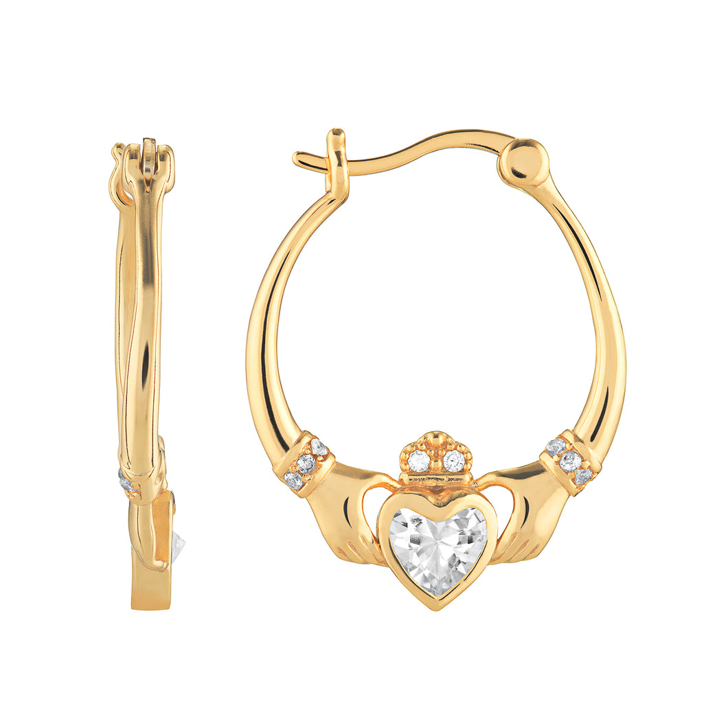 Sterling Silver Gold Finish CZ Claddagh Hoop Earrings SKU 0110125