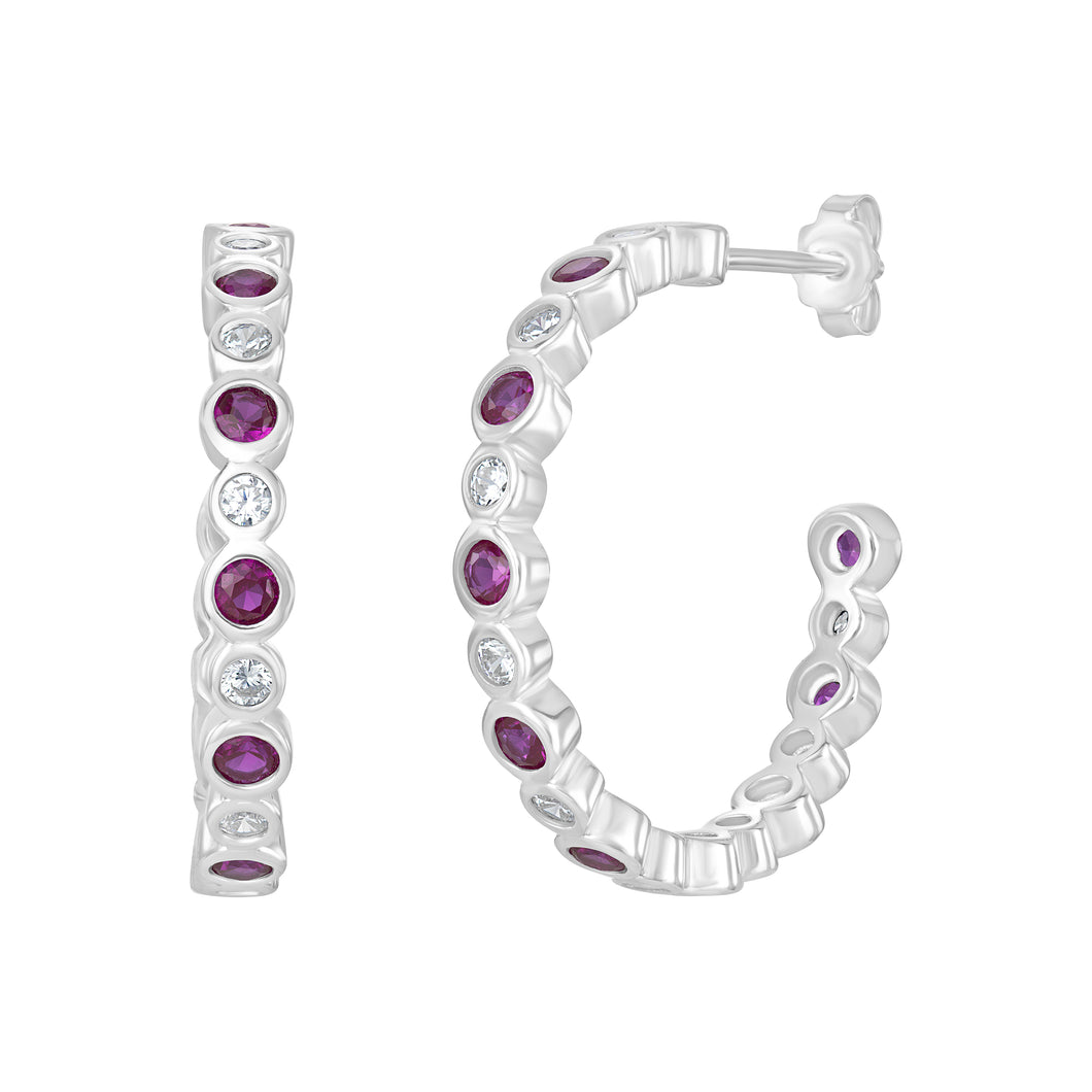 Sterling Silver Rubover Red and Clear CZ Hoop Earrings SKU 0110400