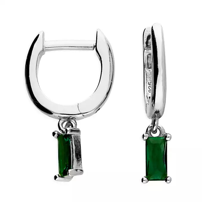 Sterling Silver Hoop with Green Rectangle CZ Drop Earrings SKU 0110500