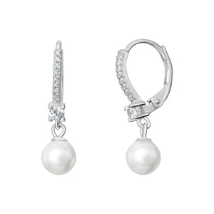 Sterling Silver CZ Hoop Synthetic Pearl Drop Earrings SKU 0110508