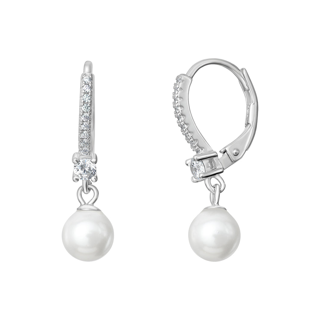 Sterling Silver CZ Hoop Synthetic Pearl Drop Earrings SKU 0110508
