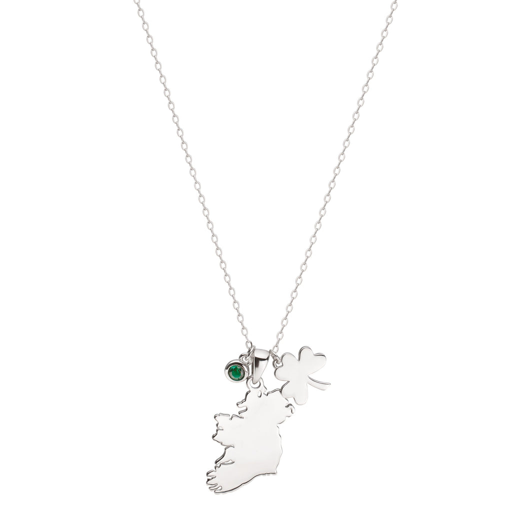 Sterling Silver Map Of Ireland with Green CZ and Clover charms, Pendant SKU 0112601