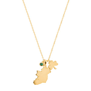 Sterling Silver Gold Finish Map Of Ireland with Green CZ and Clover charms, Pendant SKU 0112602