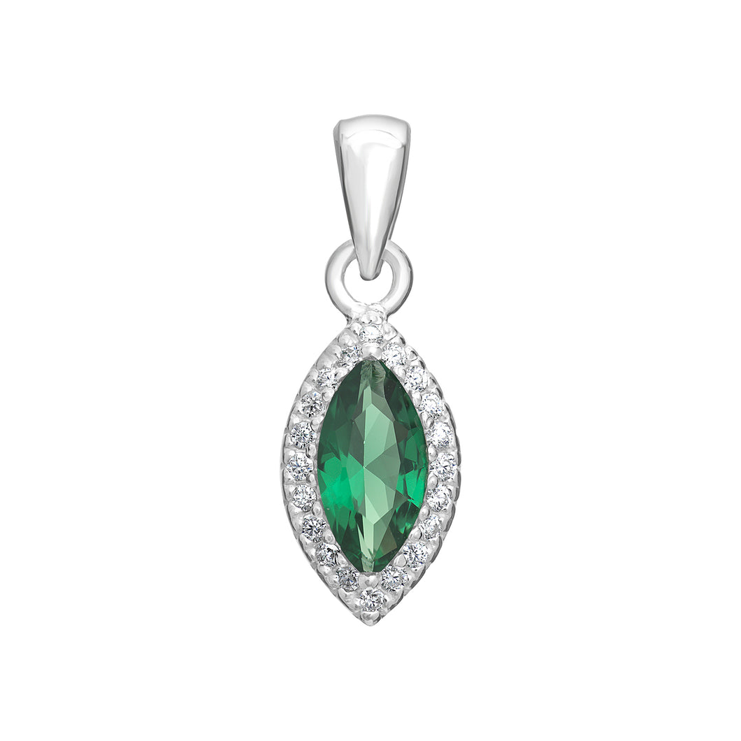Sterling Silver Marquise Shape Green CZ and CZ Halo Pendant SKU 0112736
