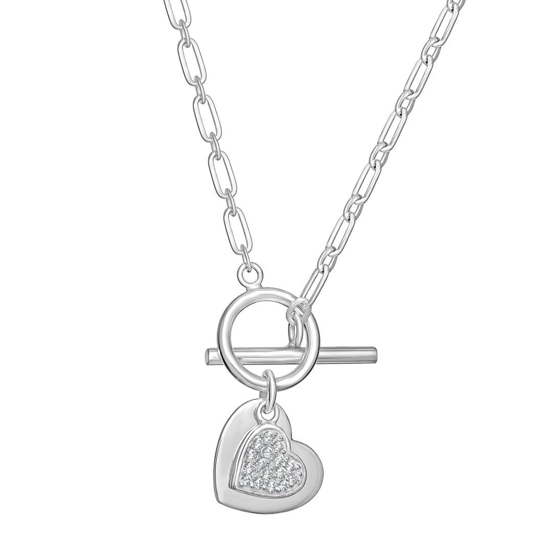 Sterling Silver Double Heart Plain and CZ Necklace SKU 0114260