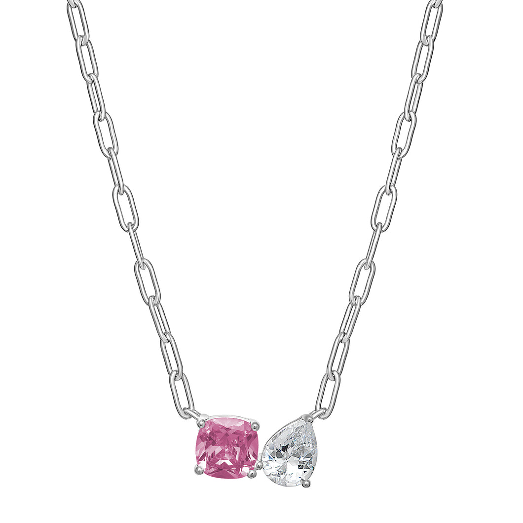 Sterling Silver Square and Pear Pink and Clear CZ Paperlink Necklace SKU 0114271