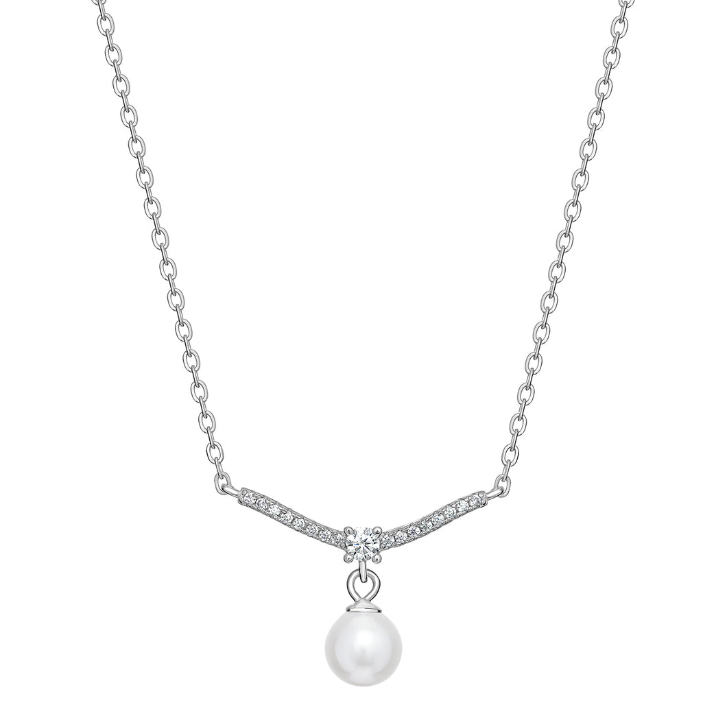 Sterling Silver CZ Bar and Synthetic Pearl Necklace SKU 0114274