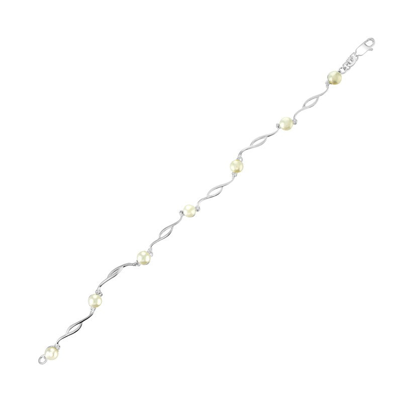 Sterling Silver wave link synthetic pearl& CZ bracelet SKU 0133200