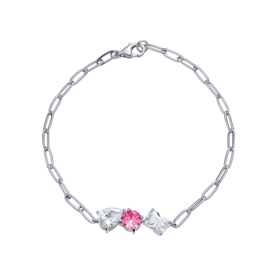 Sterling Silver Multi Shape Pink and Clear CZ Paper Link Bracelet SKU 0133624