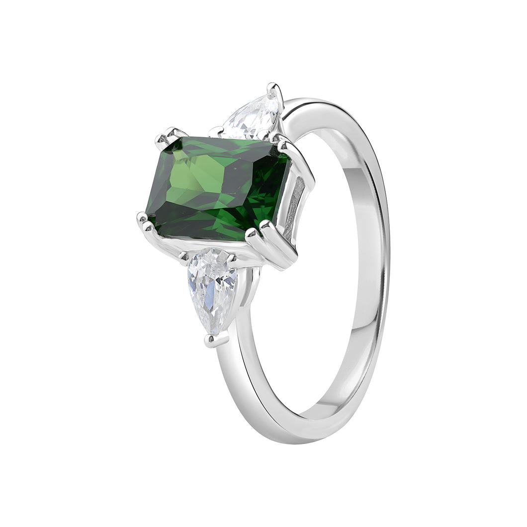 Sterling Silver Rectangle Green CZ and Clear Pear CZ Sides Ring SKU