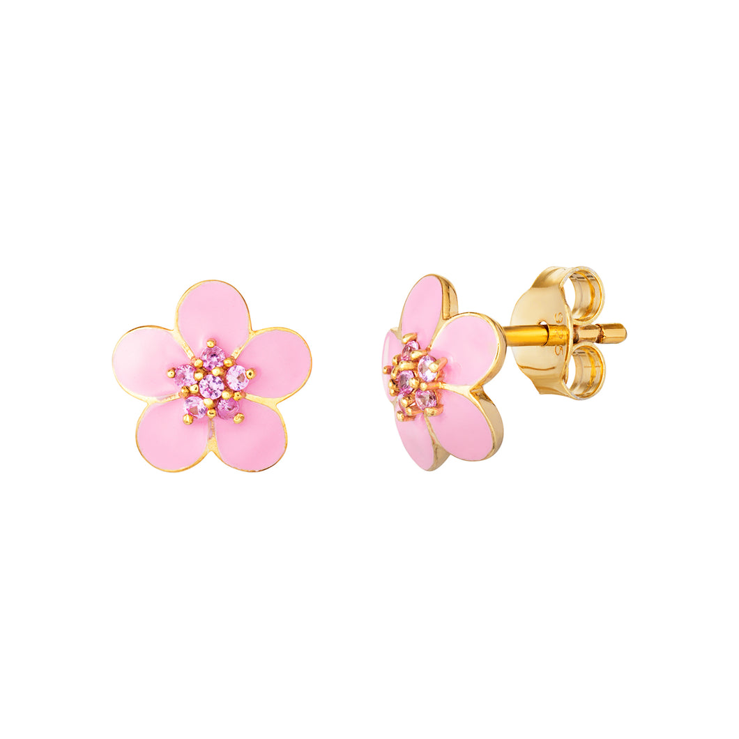 Sterling Silver Gold Finish Pink Enamel and Pink CZ Flower Stud Earrings SKU 0307206