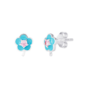 Sterling Silver Blue Enamel and Pink CZ Flower Stud Earrings SKU 0307208