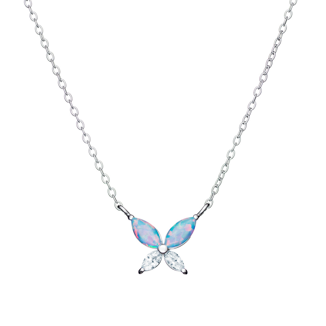 Sterling Silver Synthetic Opal and CZ Butterfly Necklace SKU 0312601