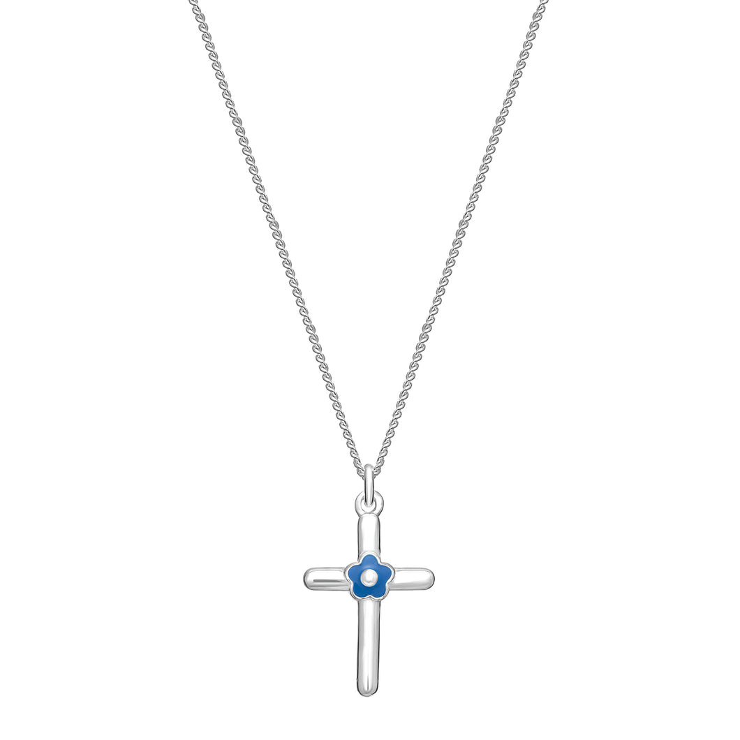 Sterling Silver Blue Enamel Flower Cross Necklace SKU 0312607