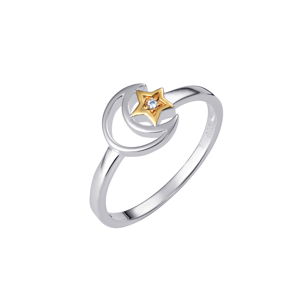 Sterling Silver Moon and Gold Finish Star Ring SKU 0336002