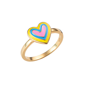 Sterling Silver Gold Finish Pink Yellow Blue Enamel Heart Ring SKU 0336004