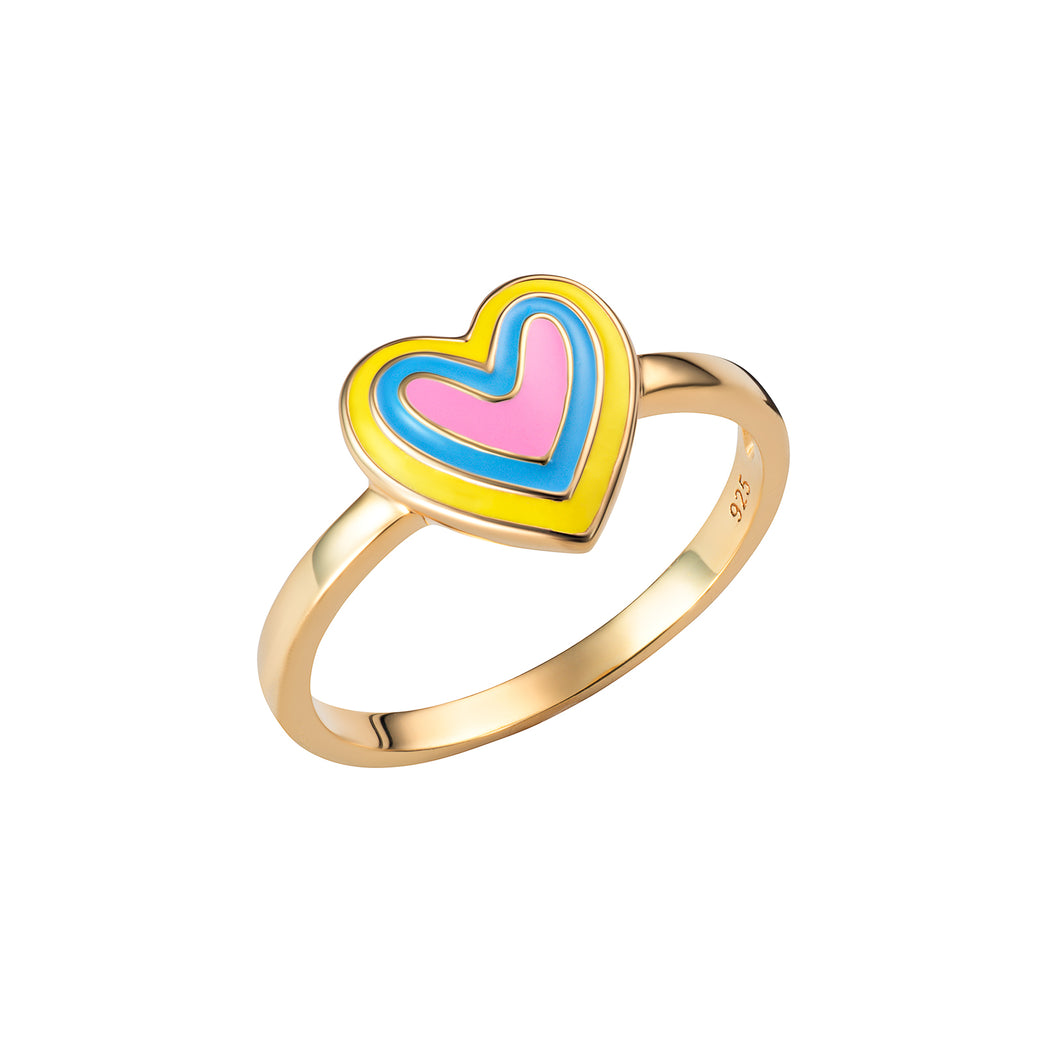 Sterling Silver Gold Finish Pink Yellow Blue Enamel Heart Ring SKU 0336004