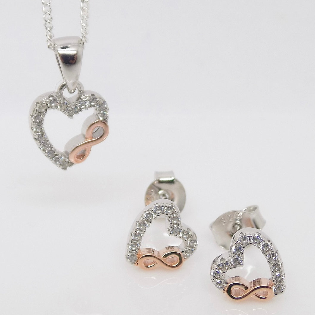 Sterling Silver open CZ heart & Rose Tone infinity design Pendant & Earring set SKU 0501301