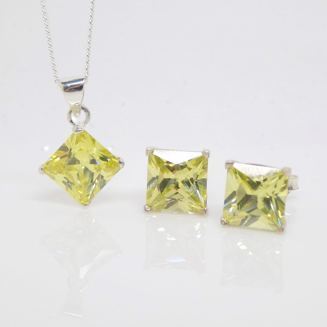 Sterling Silver Green CZ Square Shape Earring & Pendant Set SKU 0501304