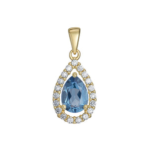 9ct Yellow Gold Blue CZ and CZ Halo Pear Shape Pendant SKU 1512210