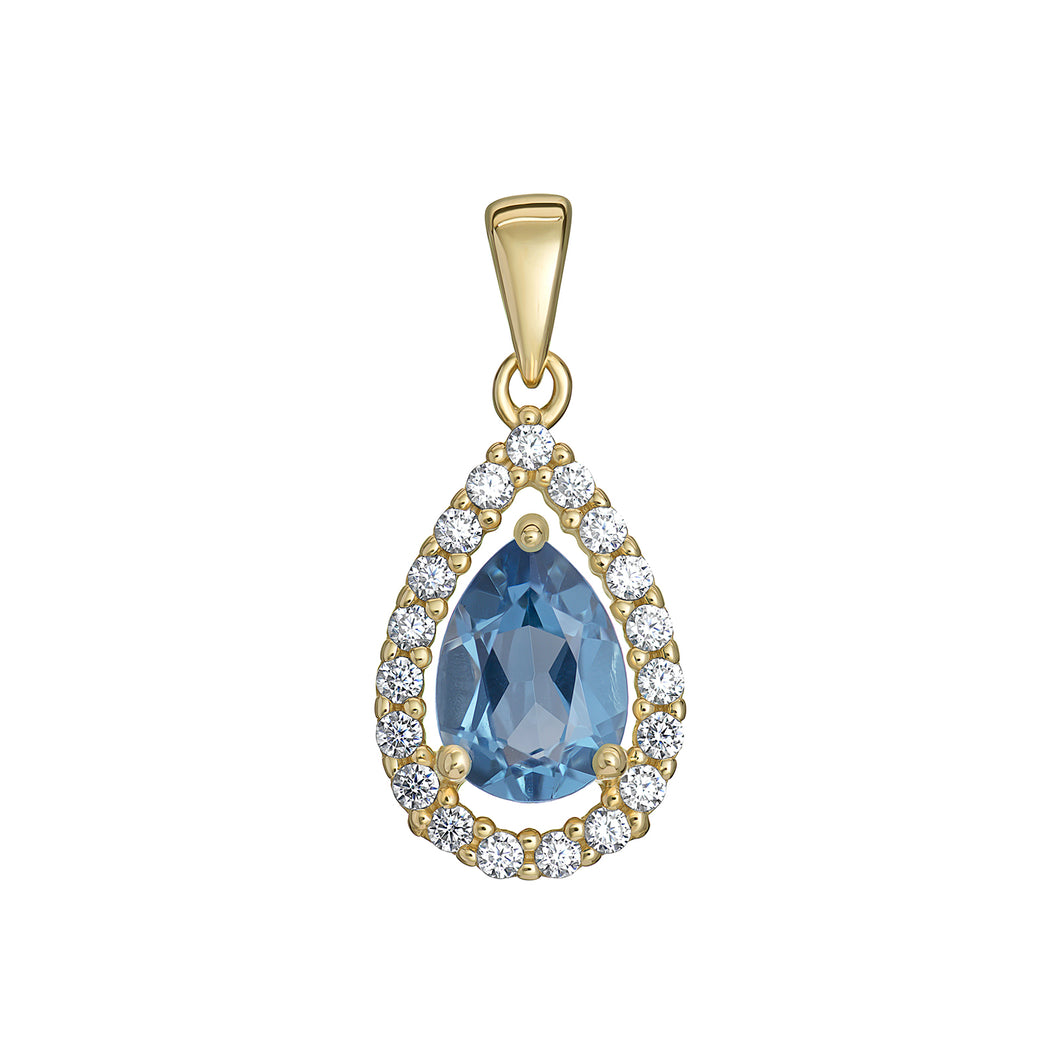 9ct Yellow Gold Blue CZ and CZ Halo Pear Shape Pendant SKU 1512210