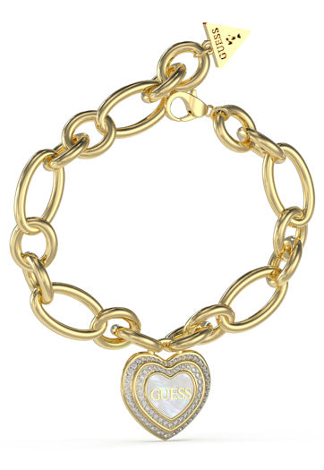 Guess Stainless Steel Gold Gold Chunky Link Heart Charm Bracelet SKU 3001557