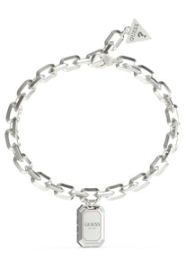 Guess Stainless Steel Silver Tone Chunky Link Rectangle Stone Set Charm Drop Bracelet SKU 3001560