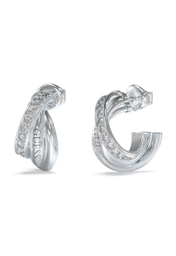 Guess Stainless Steel Silver Tone Wrap Over Stone Set Hoop Earrings SKU 3001562